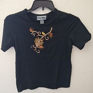 Indigo Moon Embroidered Boho T-shirt Womens Black